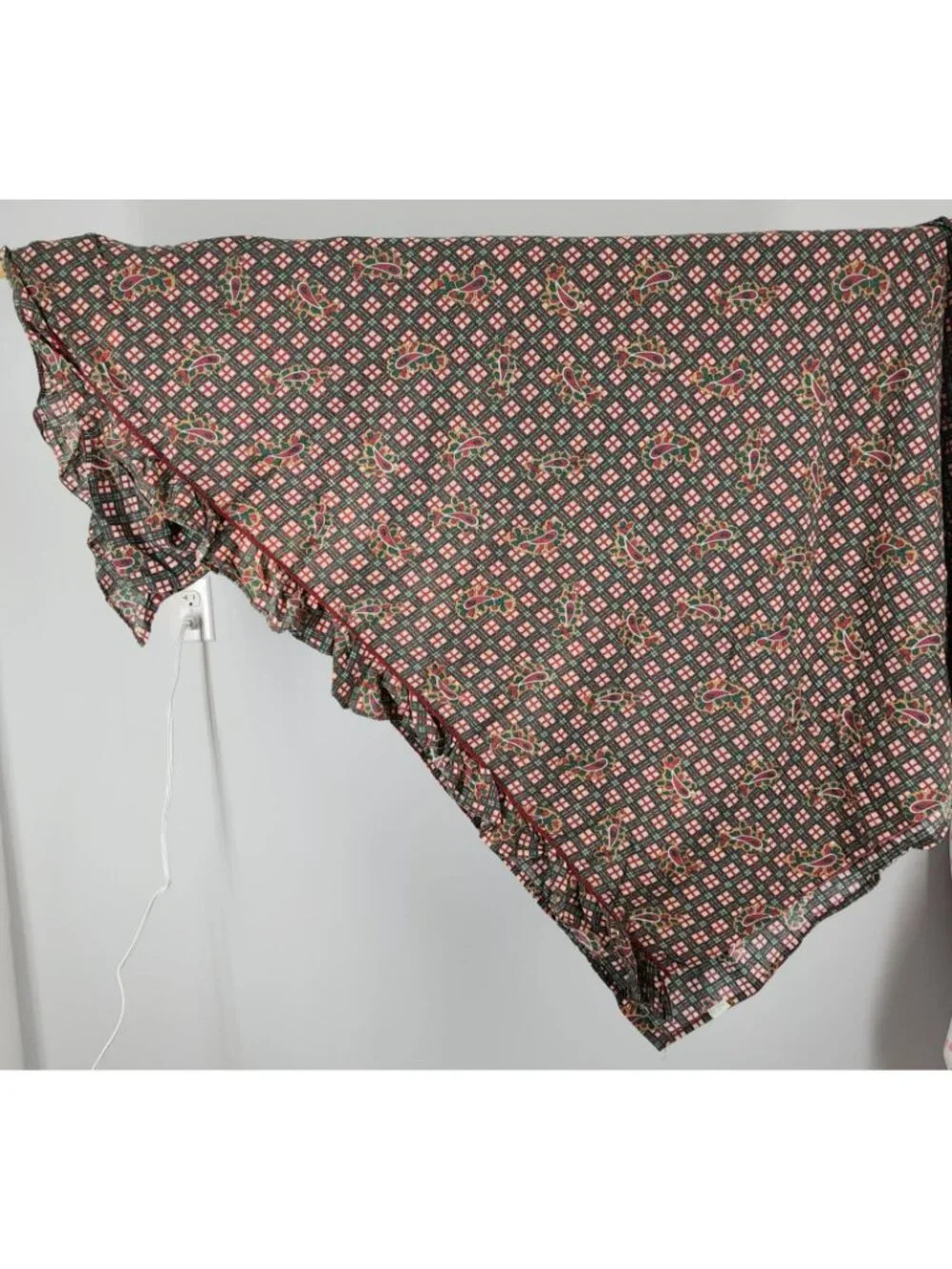 Vintage Hunter Green Maroon Red Ruffle Flat Sheet Full 78x80 Paisley Check Plaid